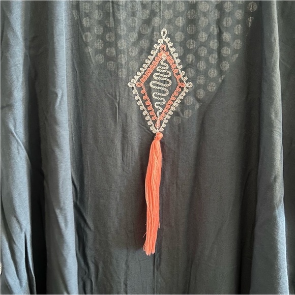 Style Park Kaftan One Size Teal with embroidered Aztec details and tassels - Picture 6 of 7